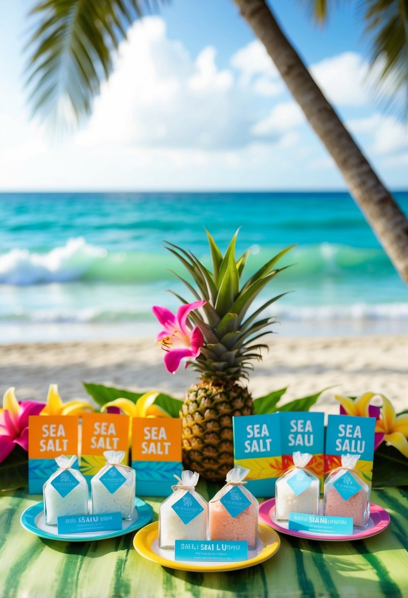 A tropical beach setting with a colorful luau wedding theme, featuring sea salt favors displayed on a table with ocean waves in the background