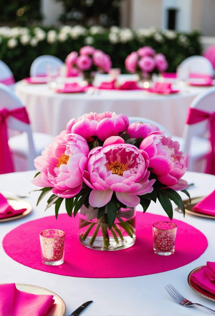 Pink peony centerpieces arranged on a white table with pink accents