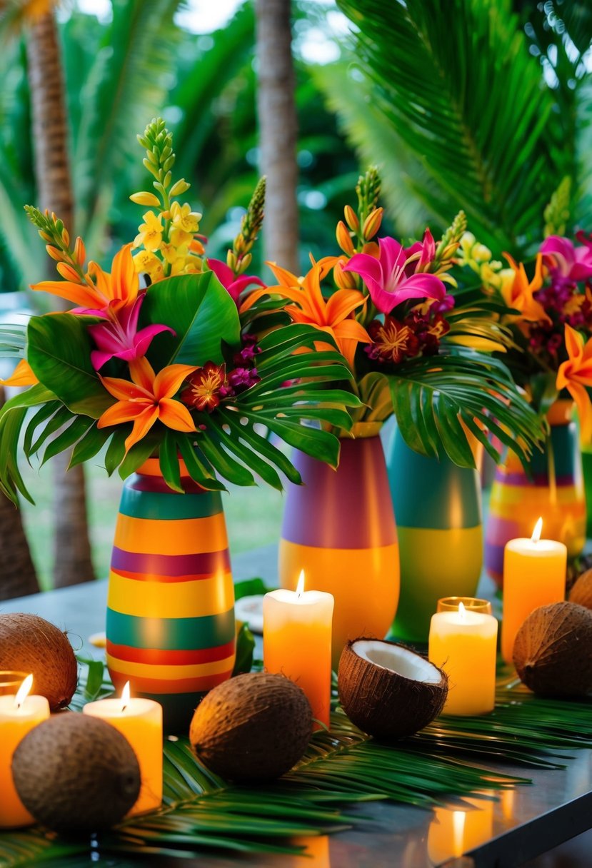 Lush tropical flowers and vibrant greenery arranged in colorful vases on a table, with flickering candles and coconuts scattered around