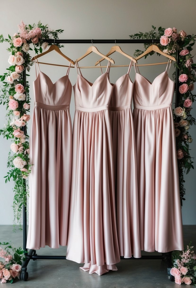 A group of blush satin bridesmaid dresses hanging on a rack, surrounded by pink floral decor and wedding accessories