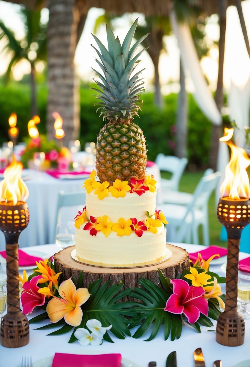 A tropical-themed wedding reception with a pineapple upside-down cake as the centerpiece, surrounded by vibrant flowers and tiki torches