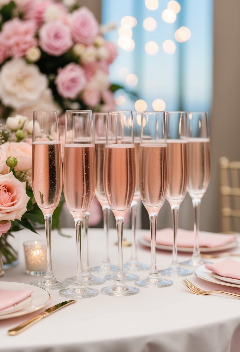 Rose-colored champagne flutes arranged on a table with pink floral decor for a wedding celebration