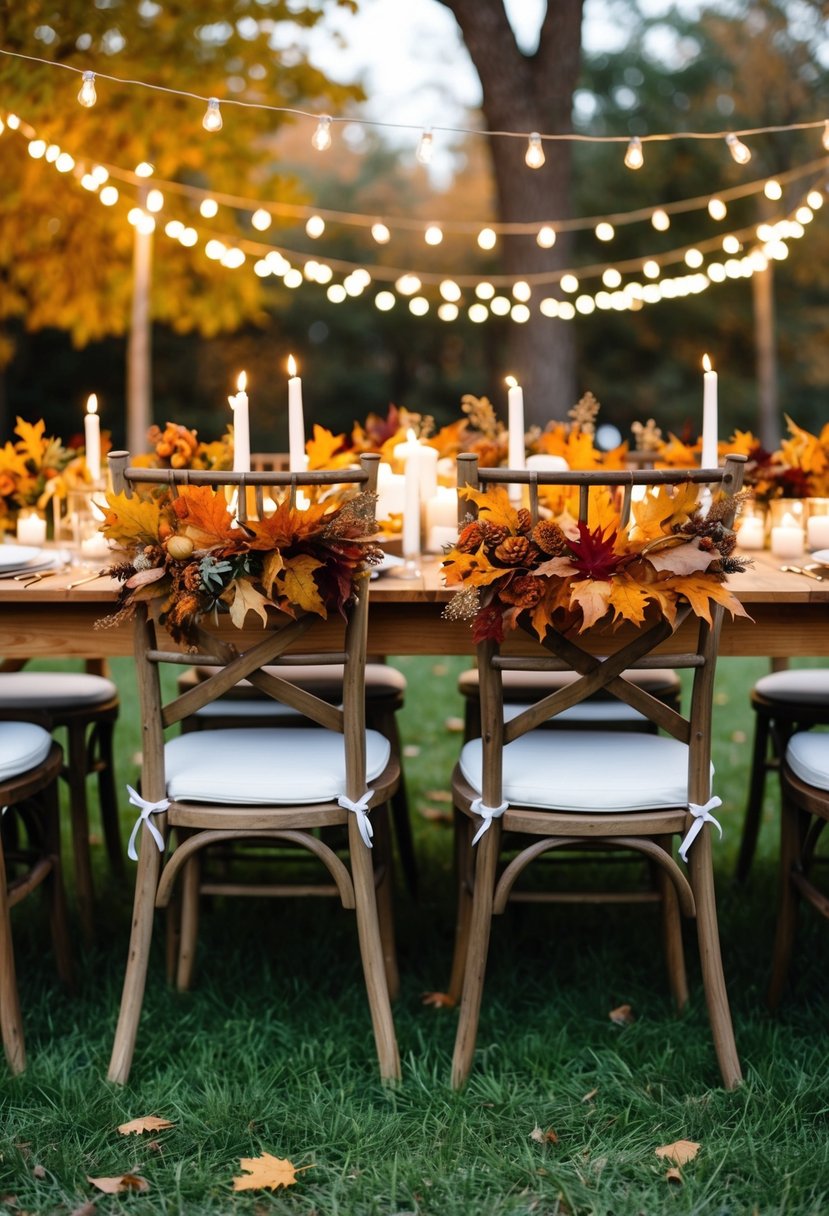 A cozy outdoor fall wedding: rustic wooden chairs, draped with autumn leaves, surrounded by flickering candles and twinkling string lights