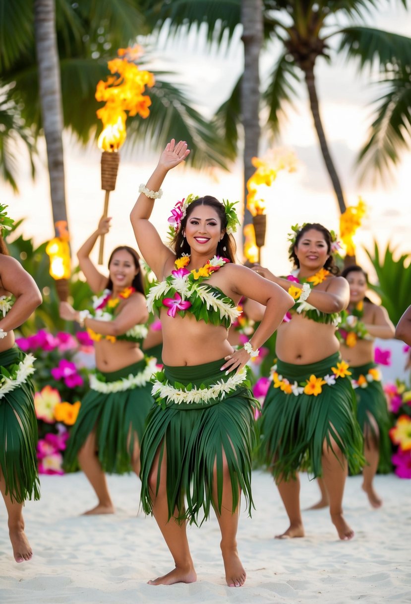 A group of hula dancers perform a traditional and intricate dance routine at a luau wedding, surrounded by tropical flowers and tiki torches