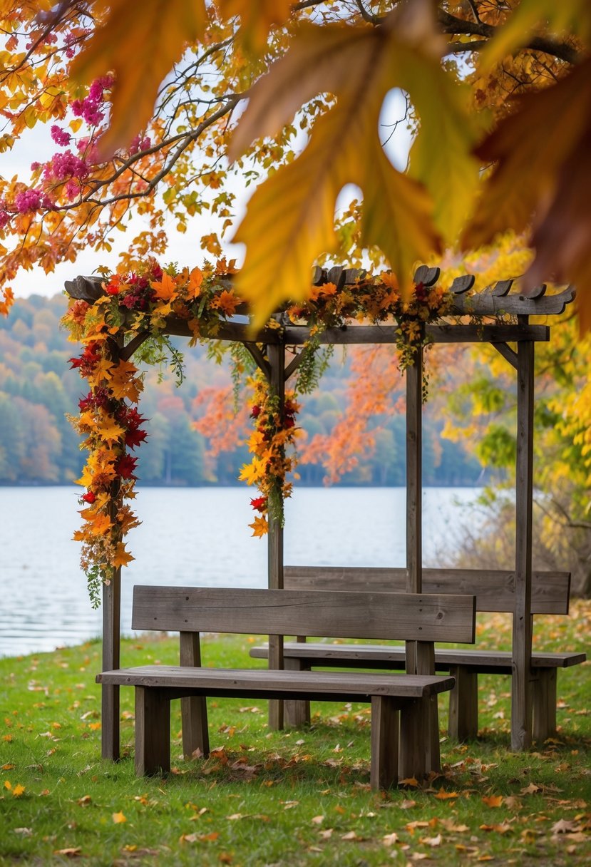 A serene lakeside setting with colorful leaves, rustic wooden benches, and a simple arbor adorned with autumn flowers and foliage