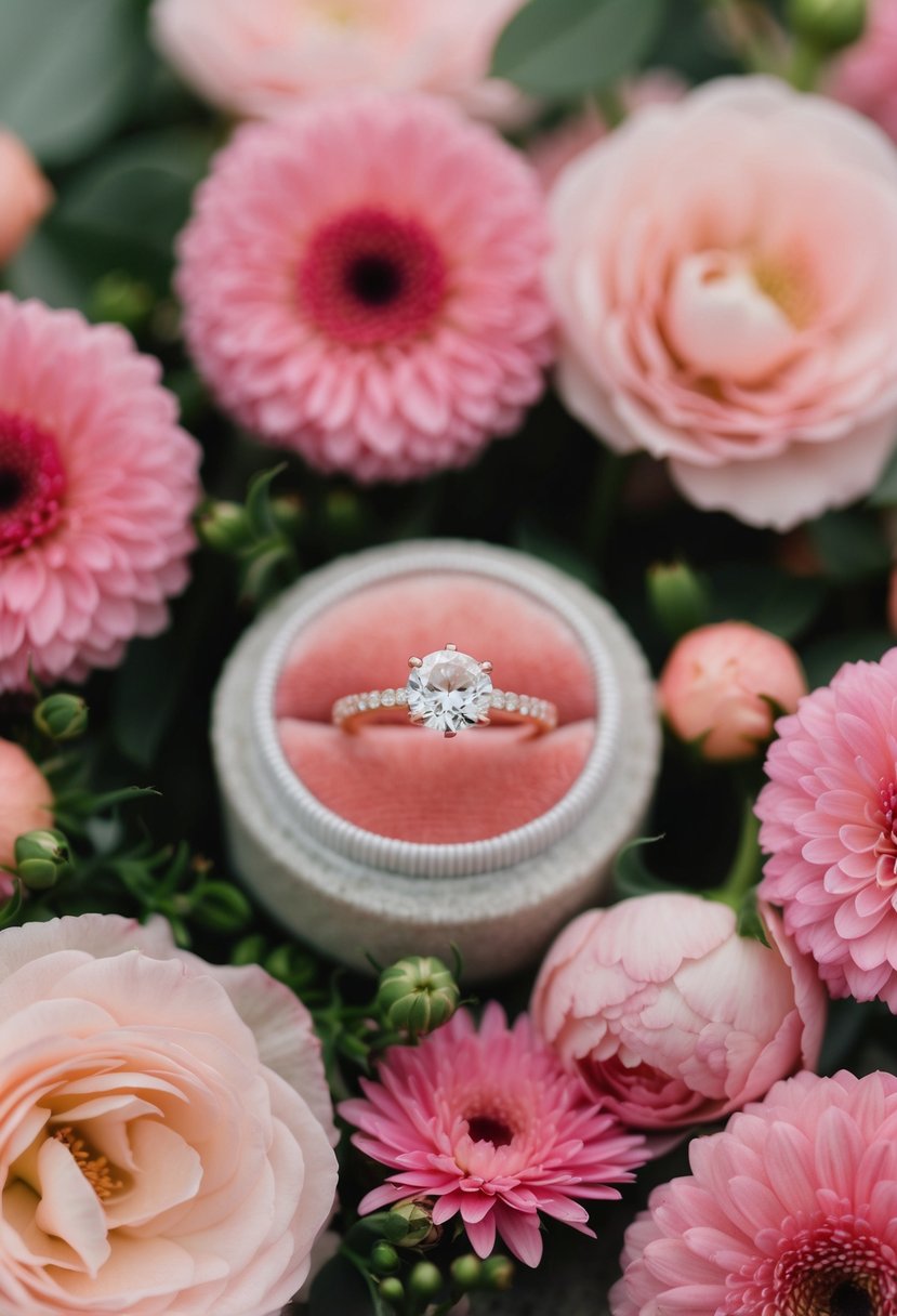 A delicate pale pink engagement ring surrounded by pink wedding flowers and decor