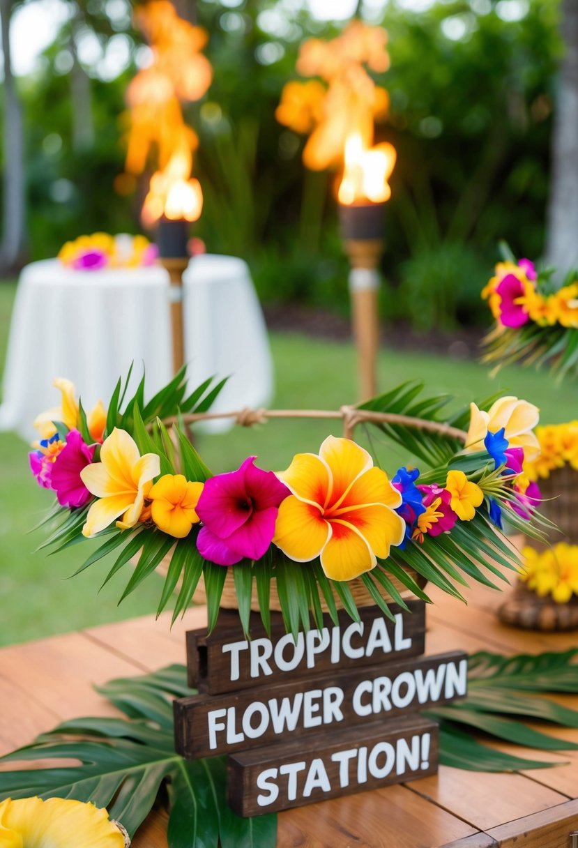 A tropical flower crown station at a luau wedding, with vibrant blooms and greenery displayed on a wooden table with tiki torches in the background