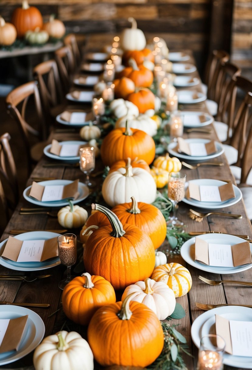 Pumpkins and gourds arranged as centerpieces on rustic wooden tables at a cozy fall wedding