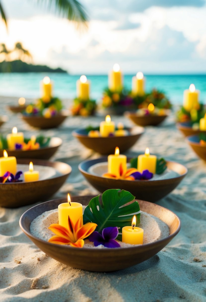 A beachside luau with sand bottom bowls filled with tropical flowers and floating candles