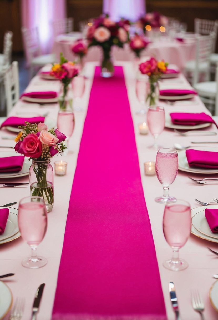 A fuchsia table runner adorns a pink-themed wedding reception, complemented by floral centerpieces and delicate place settings