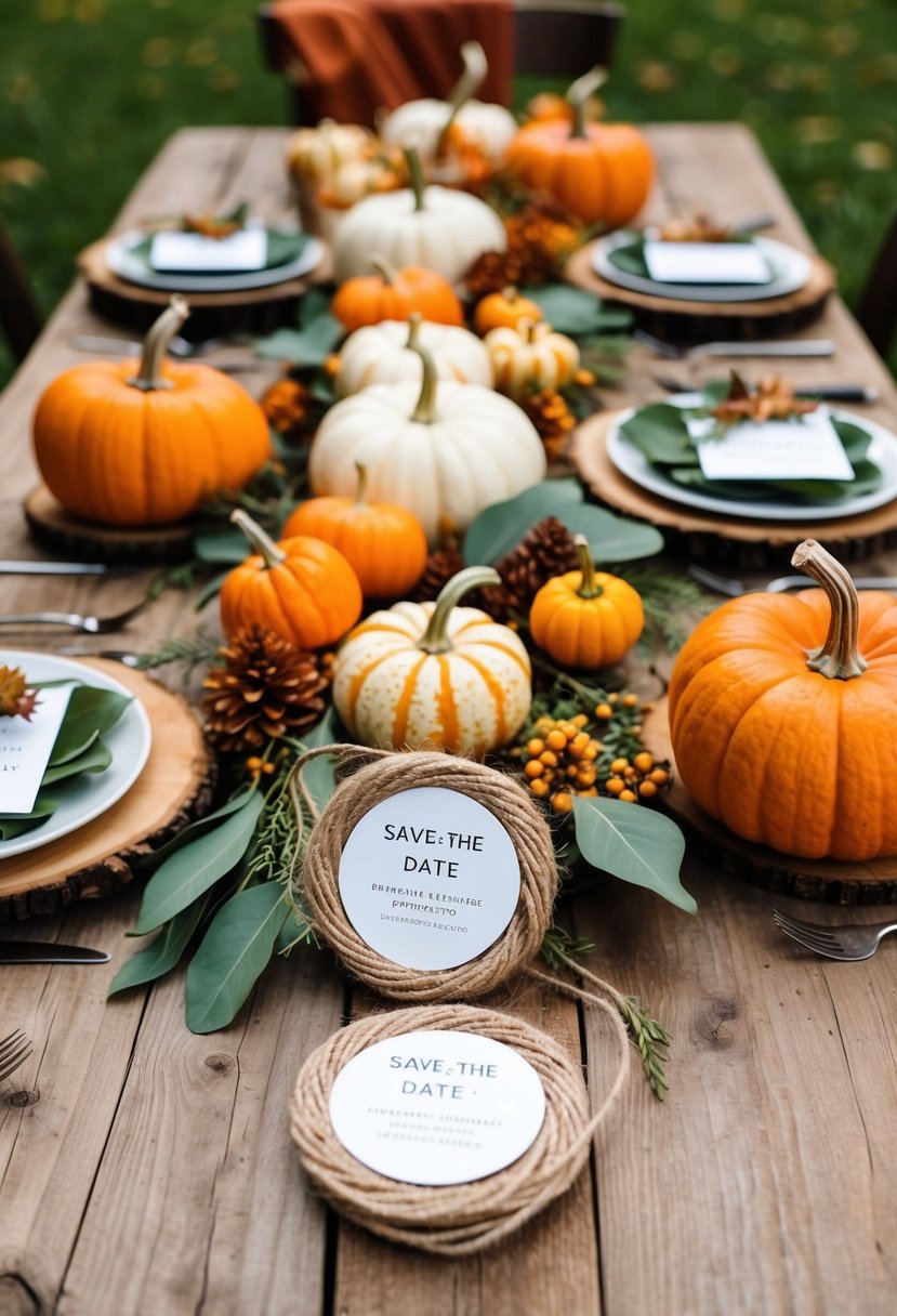 A rustic wooden table adorned with fall foliage, pumpkins, and twine-wrapped save-the-date magnets for a budget-friendly DIY fall wedding