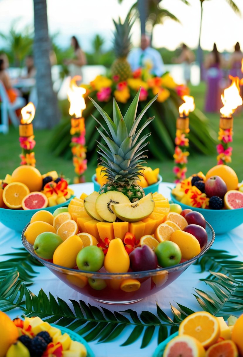 Vibrant tropical fruits arranged around a punch bowl, surrounded by leis and tiki torches at a luau wedding