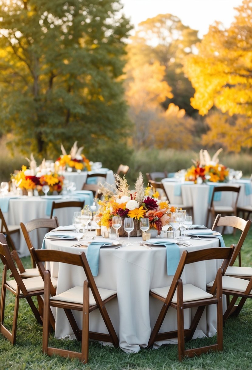 A rustic outdoor wedding with tables adorned with colorful fall foliage centerpieces and a backdrop of golden trees