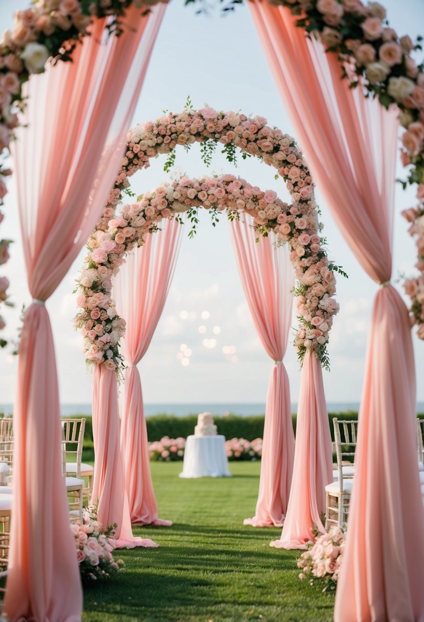 Blush drapery adorns wedding arches amidst pink floral decor