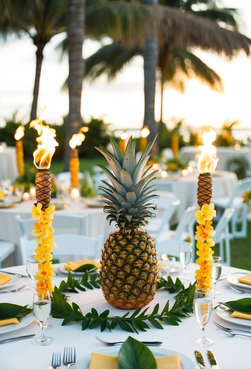 A tropical-themed wedding reception with Dashboard Hula Wigglers adorning tables, leis, tiki torches, and a pineapple centerpiece