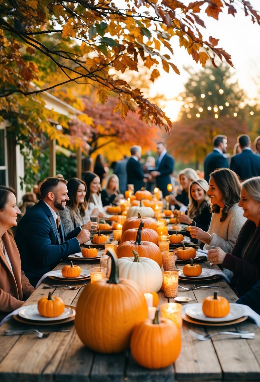 A cozy outdoor setting with colorful leaves, rustic wooden tables adorned with pumpkins and candles, and guests mingling and enjoying homemade dishes