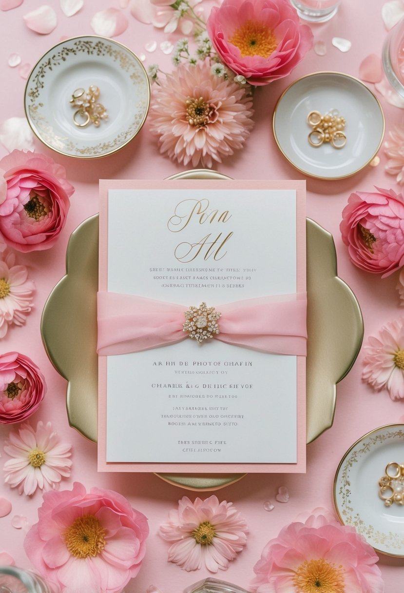 A pink and gold invitation suite surrounded by delicate pink wedding decor and flowers