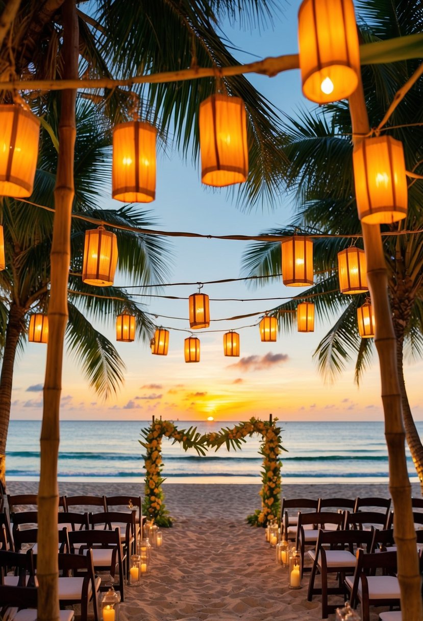 A tropical beach at sunset with bamboo lanterns hanging from palm trees, casting a warm glow over a luau wedding celebration