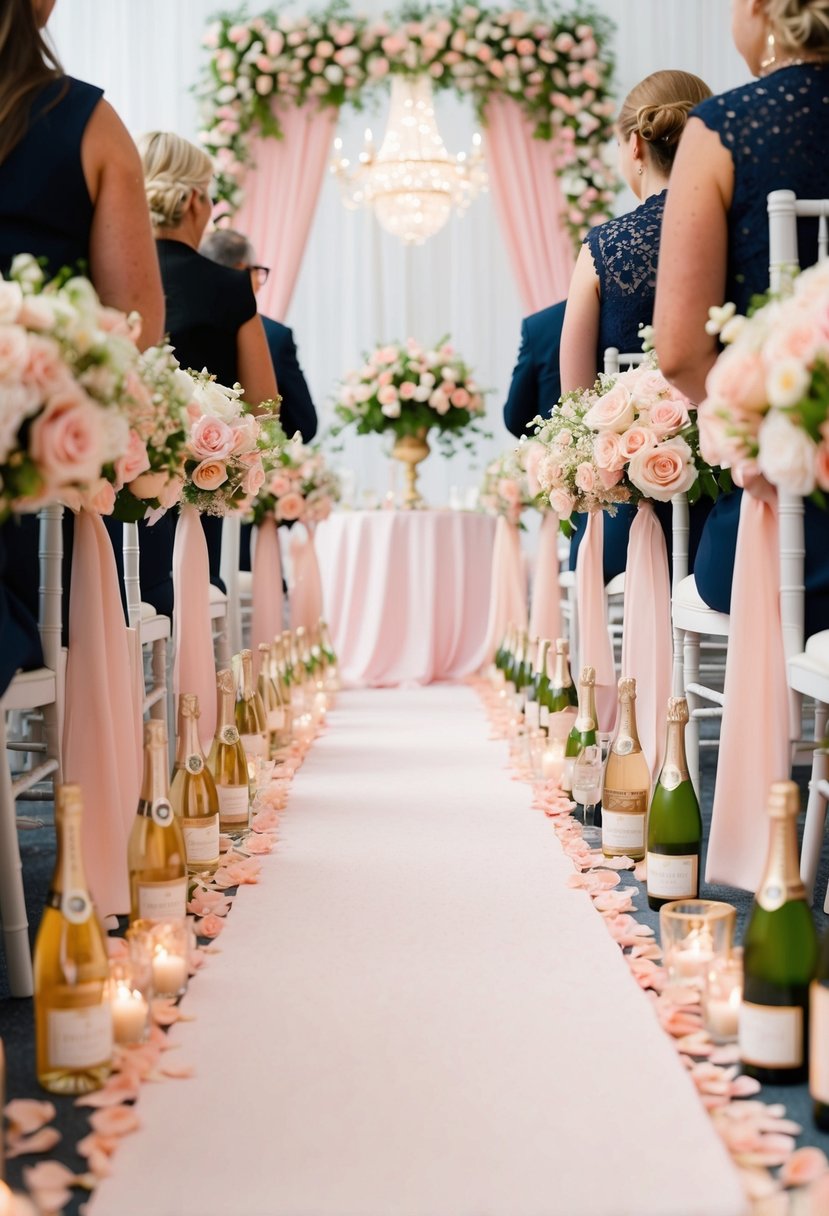 A romantic aisle lined with champagne and rose floral arrangements for a pink wedding theme