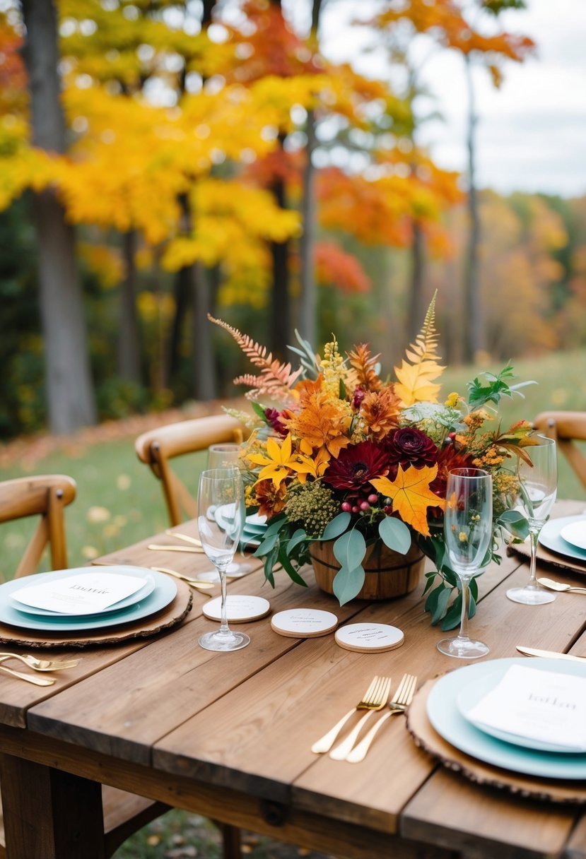 A rustic outdoor wedding setting with colorful fall foliage, a wooden table adorned with custom wedding coasters, and a budget-friendly DIY decor