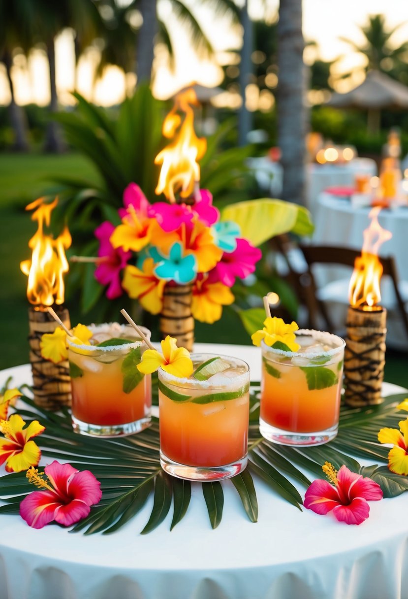 Tropical cocktails surrounded by leis, tiki torches, and hibiscus flowers at a luau-themed wedding