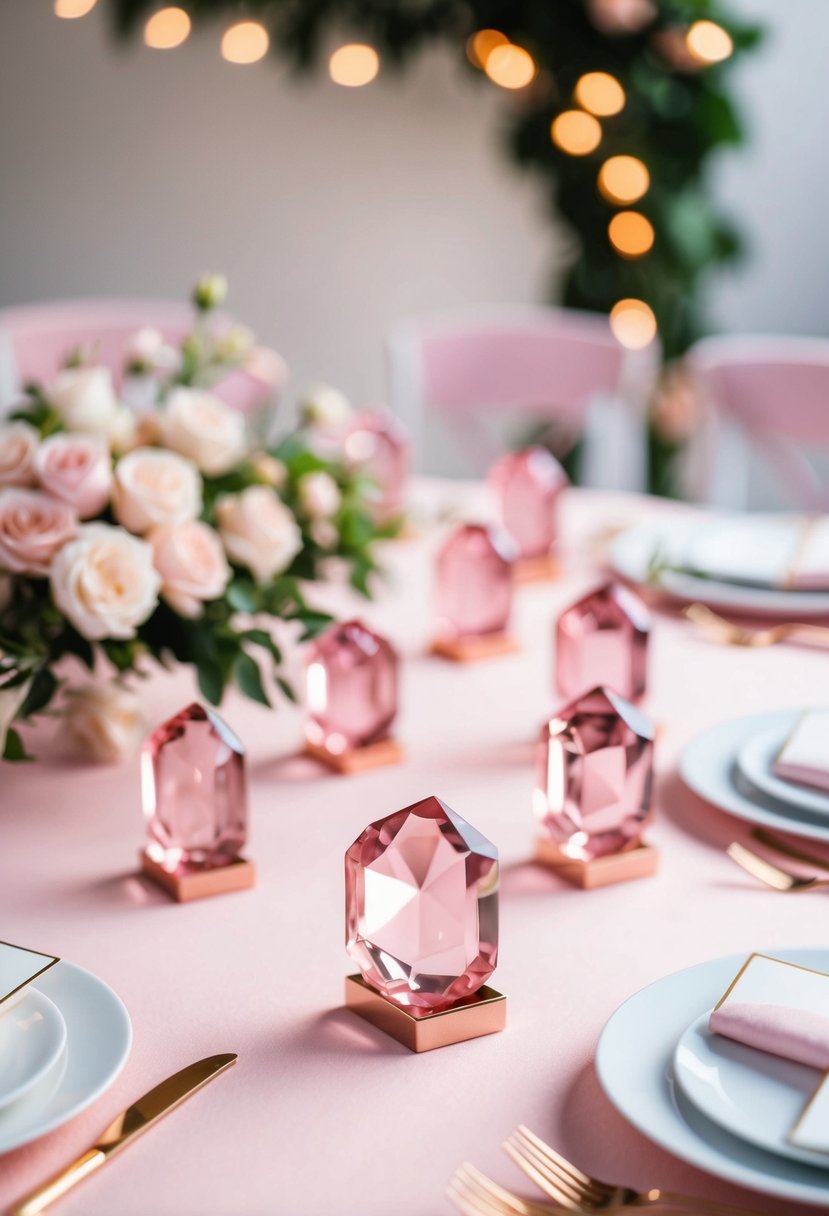 A table set with rose quartz place card holders for a pink-themed wedding