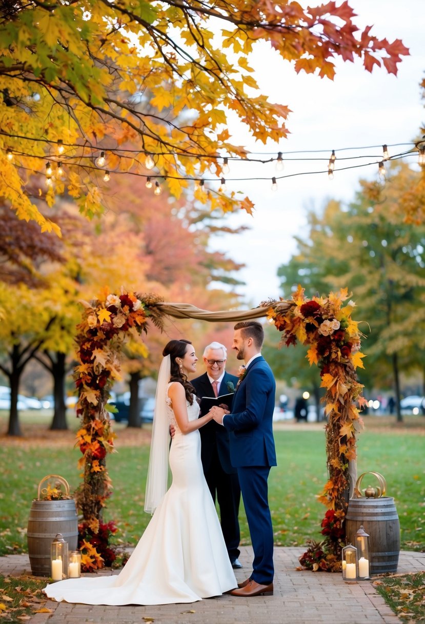 A couple exchanges vows under a canopy of colorful autumn leaves in a public park, surrounded by rustic decor and twinkling lights