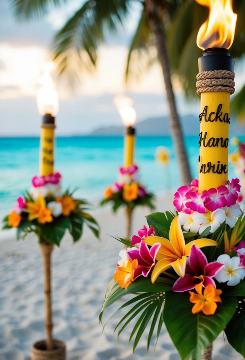 A beachside wedding with personalized leis, tiki torches, and tropical flowers