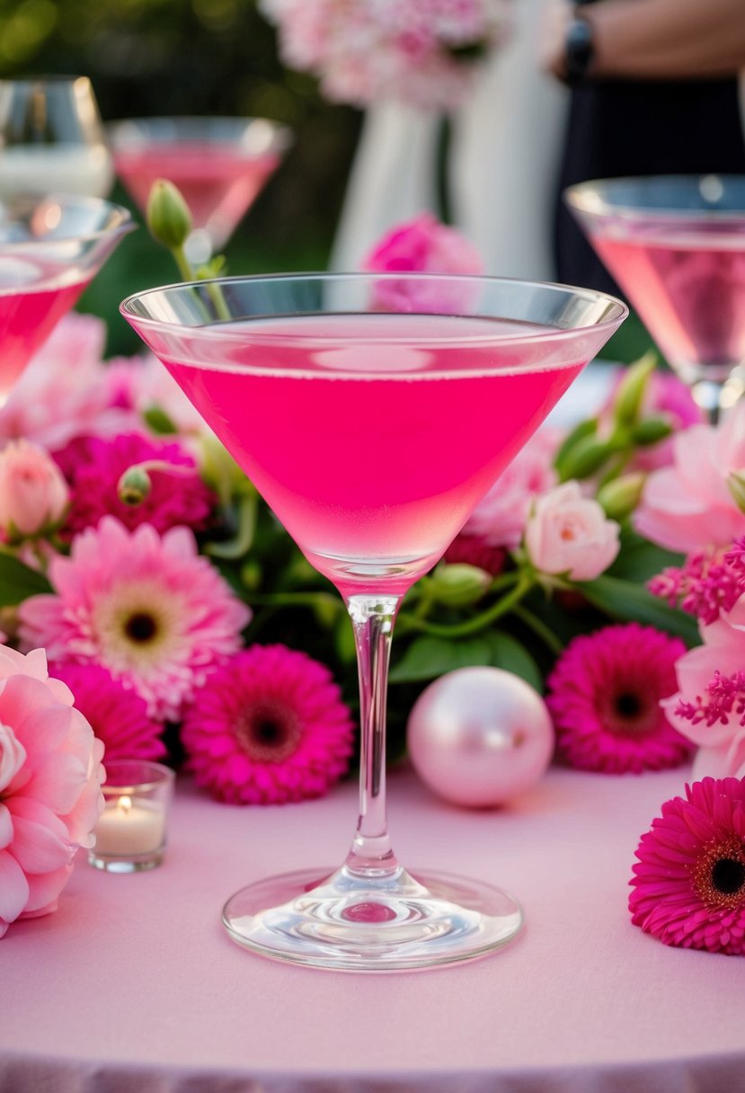 A pink martini sits on a table surrounded by pink flowers and decor, creating a romantic and elegant wedding atmosphere