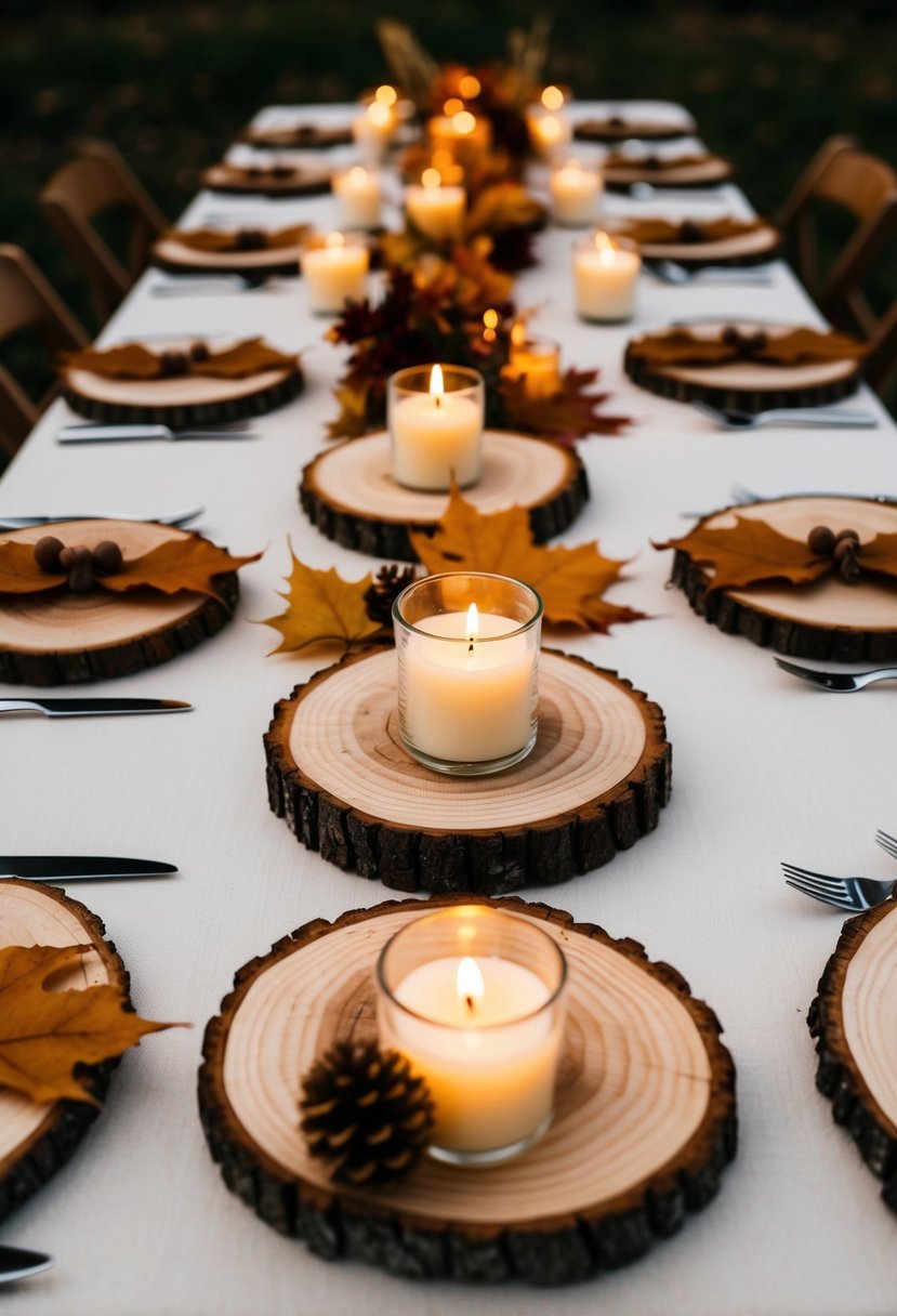 Wooden slices arranged as table centerpieces with autumn leaves and candles, creating a cozy and rustic atmosphere for a budget-friendly fall wedding