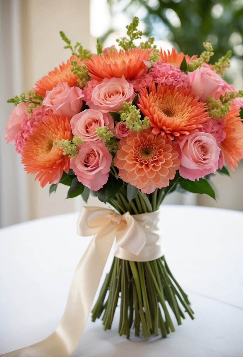 A lush bouquet of coral and pink flowers, tied with a satin ribbon, sits on a white table