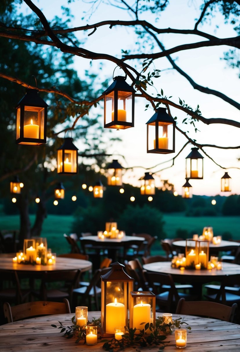 A rustic outdoor wedding reception at dusk, with candle lanterns hanging from tree branches and scattered across wooden tables