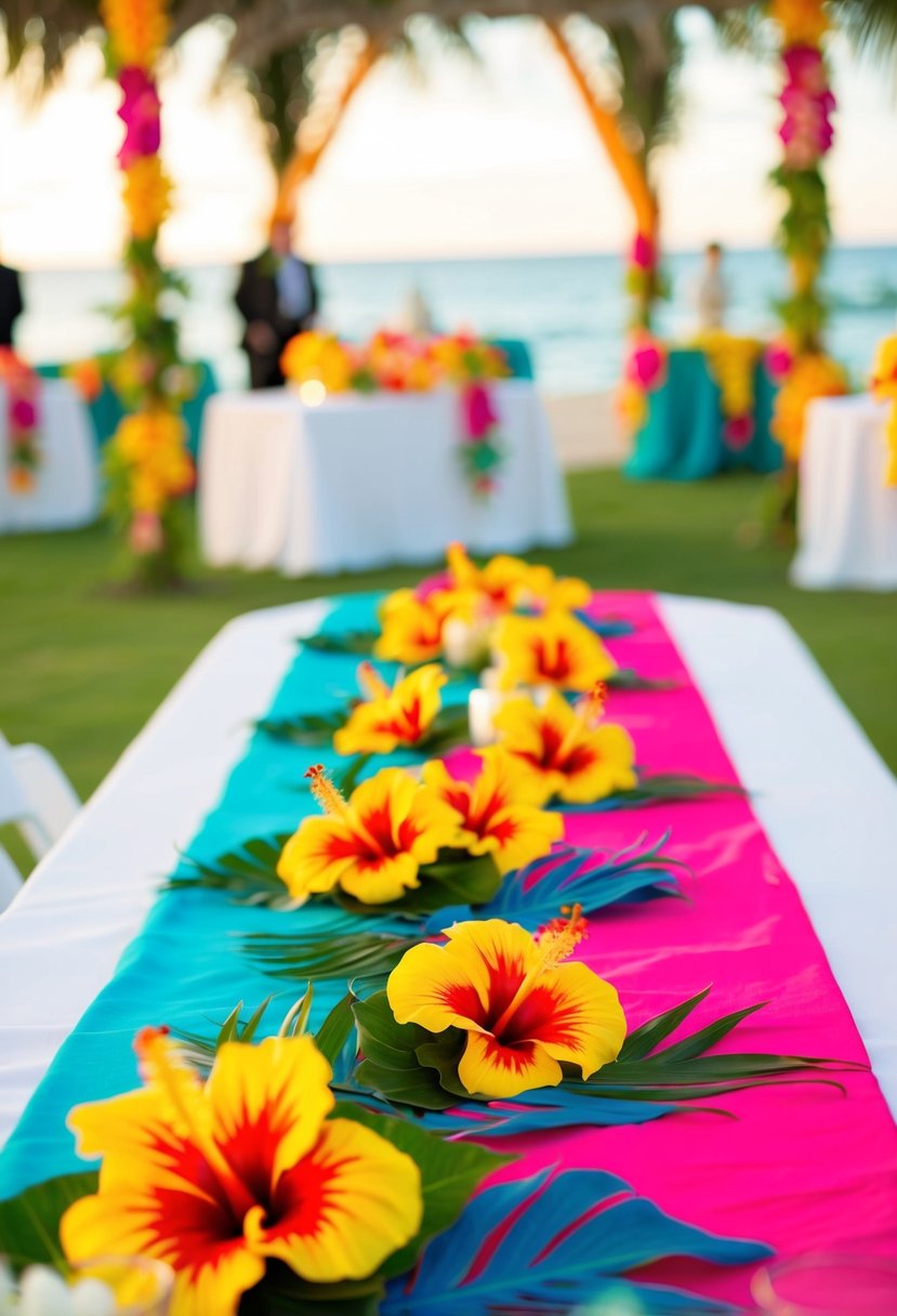 A tropical-themed wedding reception with vibrant hibiscus table runners and colorful decor, evoking the spirit of a luau celebration