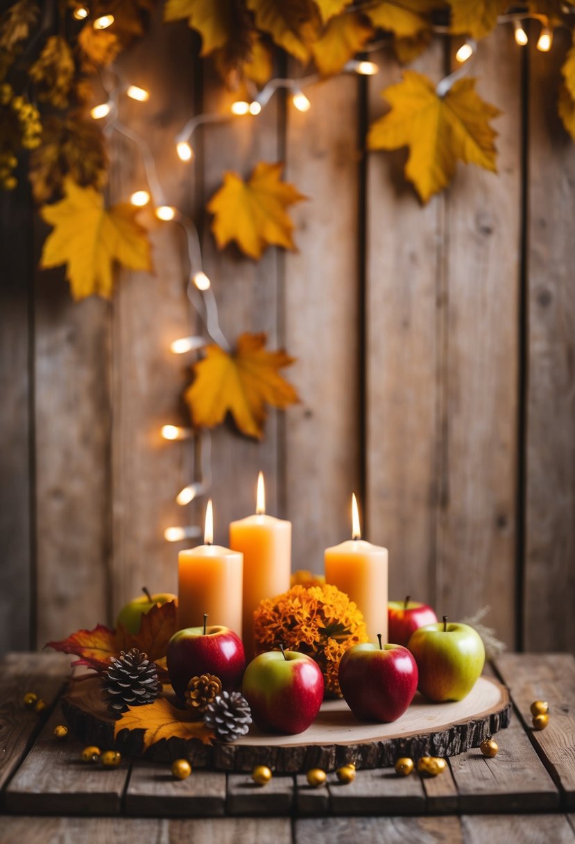 A rustic wooden table adorned with apples, candles, and autumn foliage, set against a backdrop of golden leaves and twinkling string lights