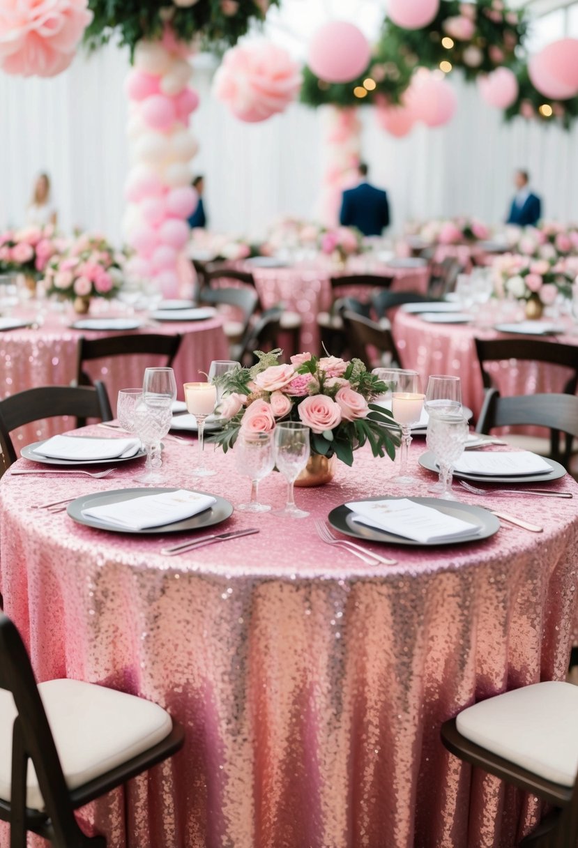 A table set with pink sequin tablecloths, adorned with pink wedding decor and flowers