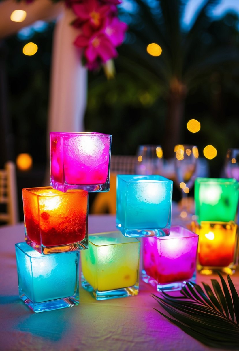 Colorful LED ice cubes illuminate tropical drinks at a luau wedding