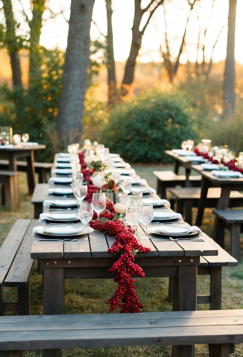 A rustic outdoor wedding scene with cranberry garland draped along wooden benches and tables, creating a cozy and budget-friendly fall atmosphere