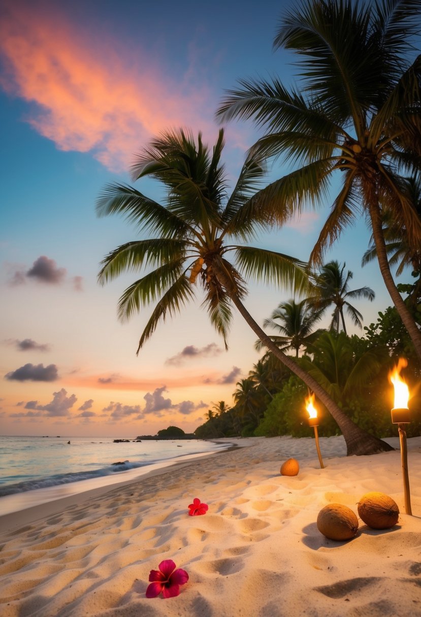 A sandy beach with palm trees, coconuts, and hibiscus flowers. A colorful sunset fills the sky, while tiki torches light the scene