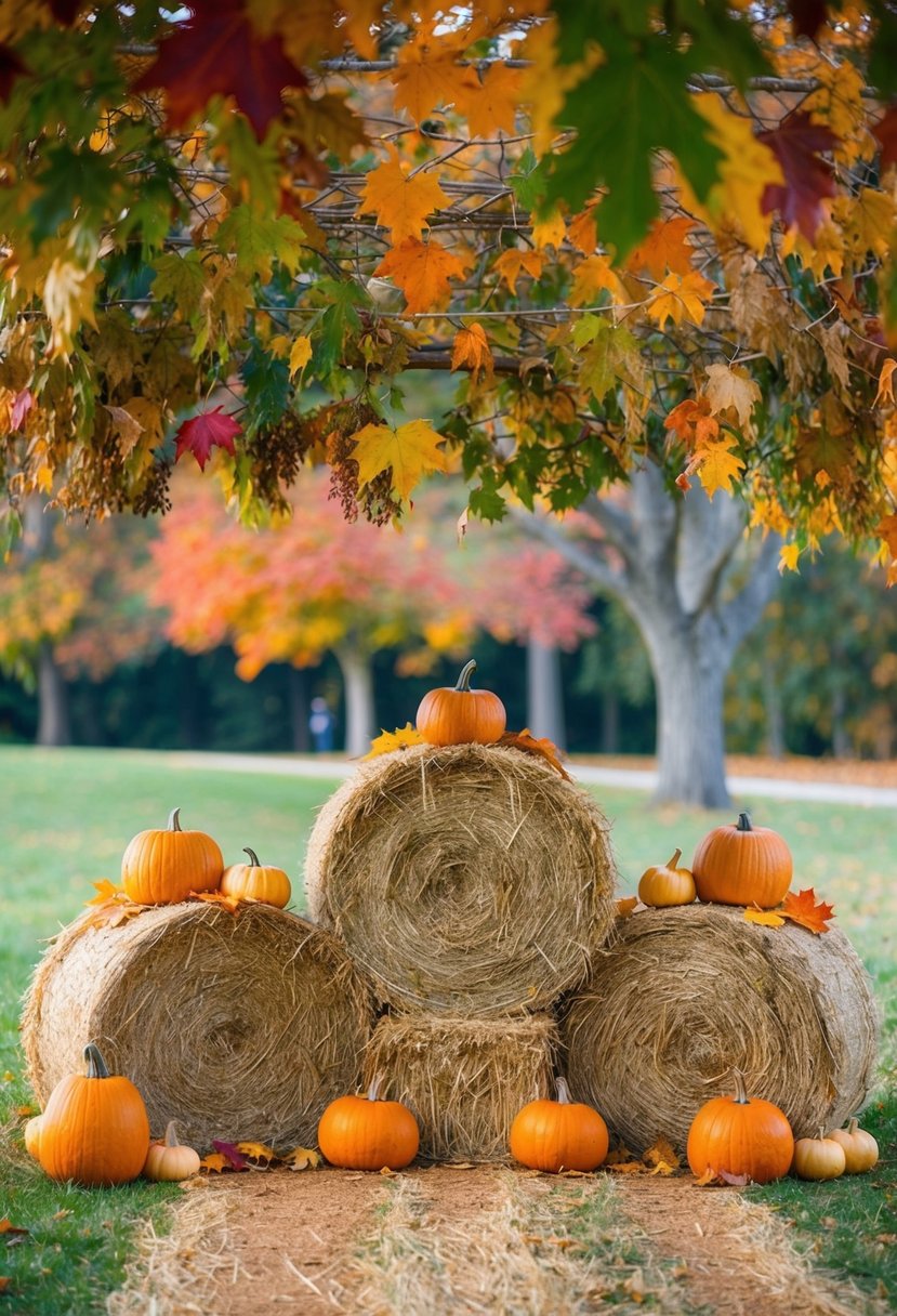 Hay bales arranged in a semi-circle, adorned with autumn leaves and pumpkins, under a canopy of colorful fall foliage