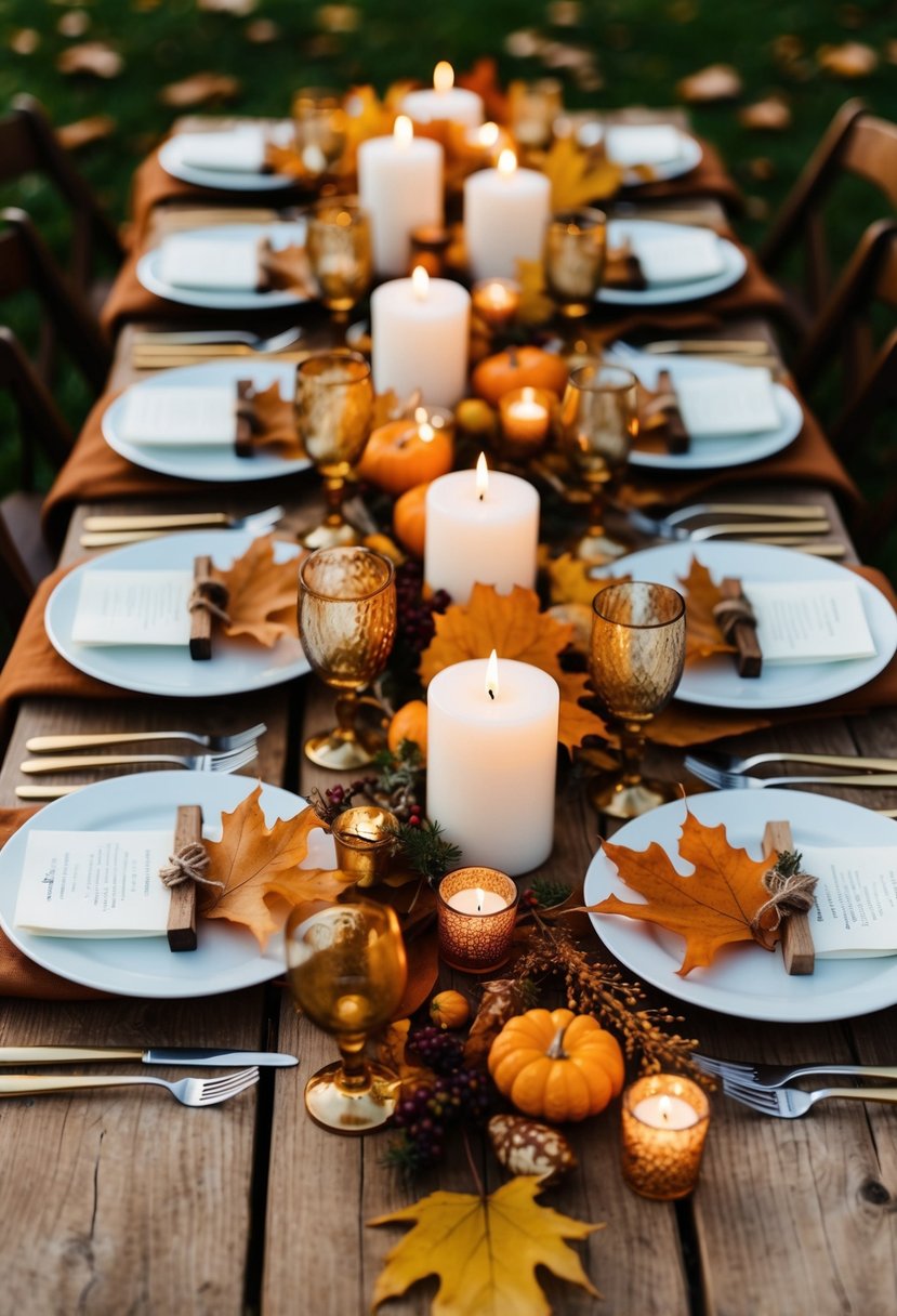 Rustic table settings with autumn leaves, candles, and wooden accents for a budget-friendly fall wedding