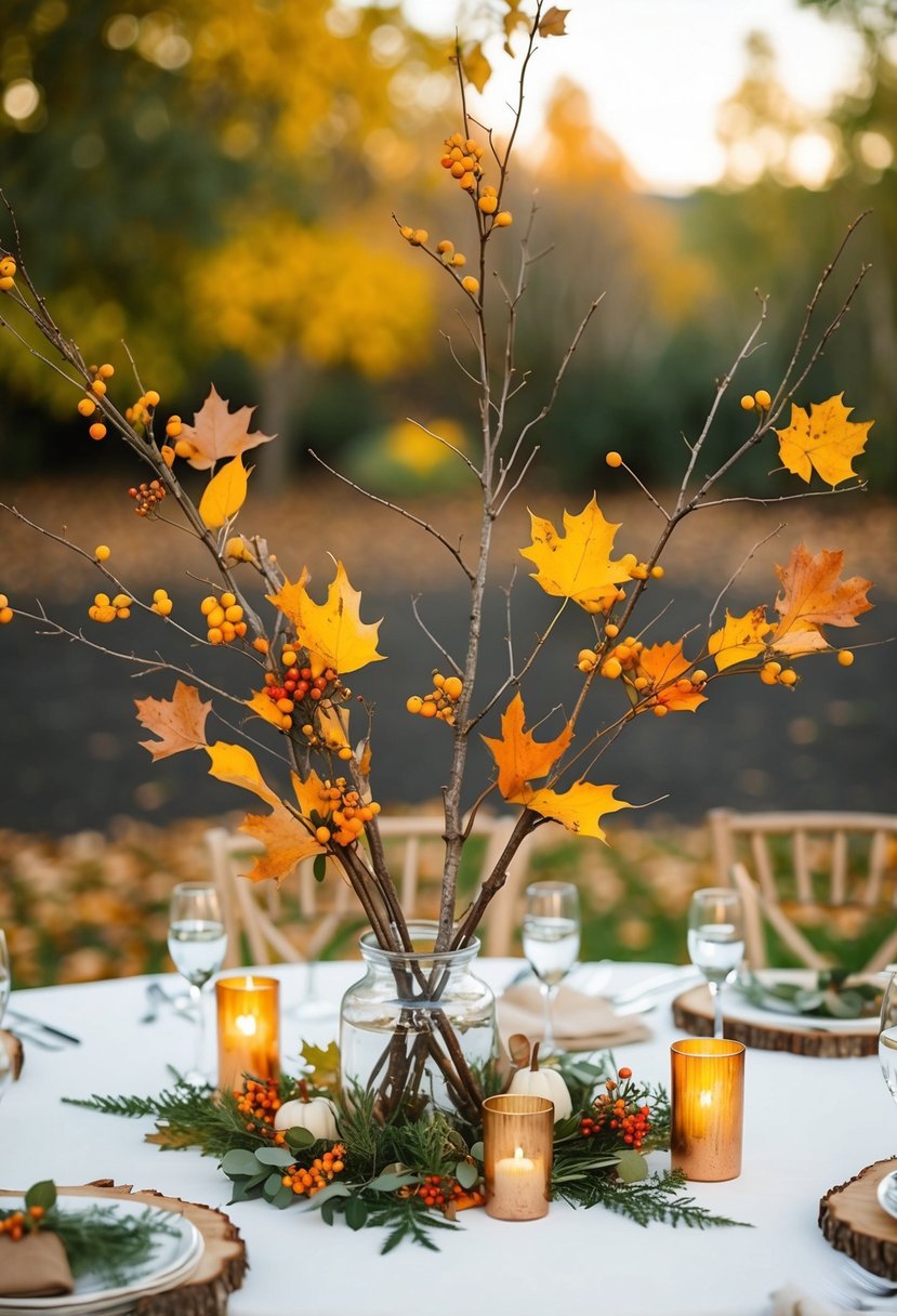 Fall wedding scene: Branches adorned with autumn leaves and berries, serving as rustic centerpieces on a budget-friendly outdoor reception table