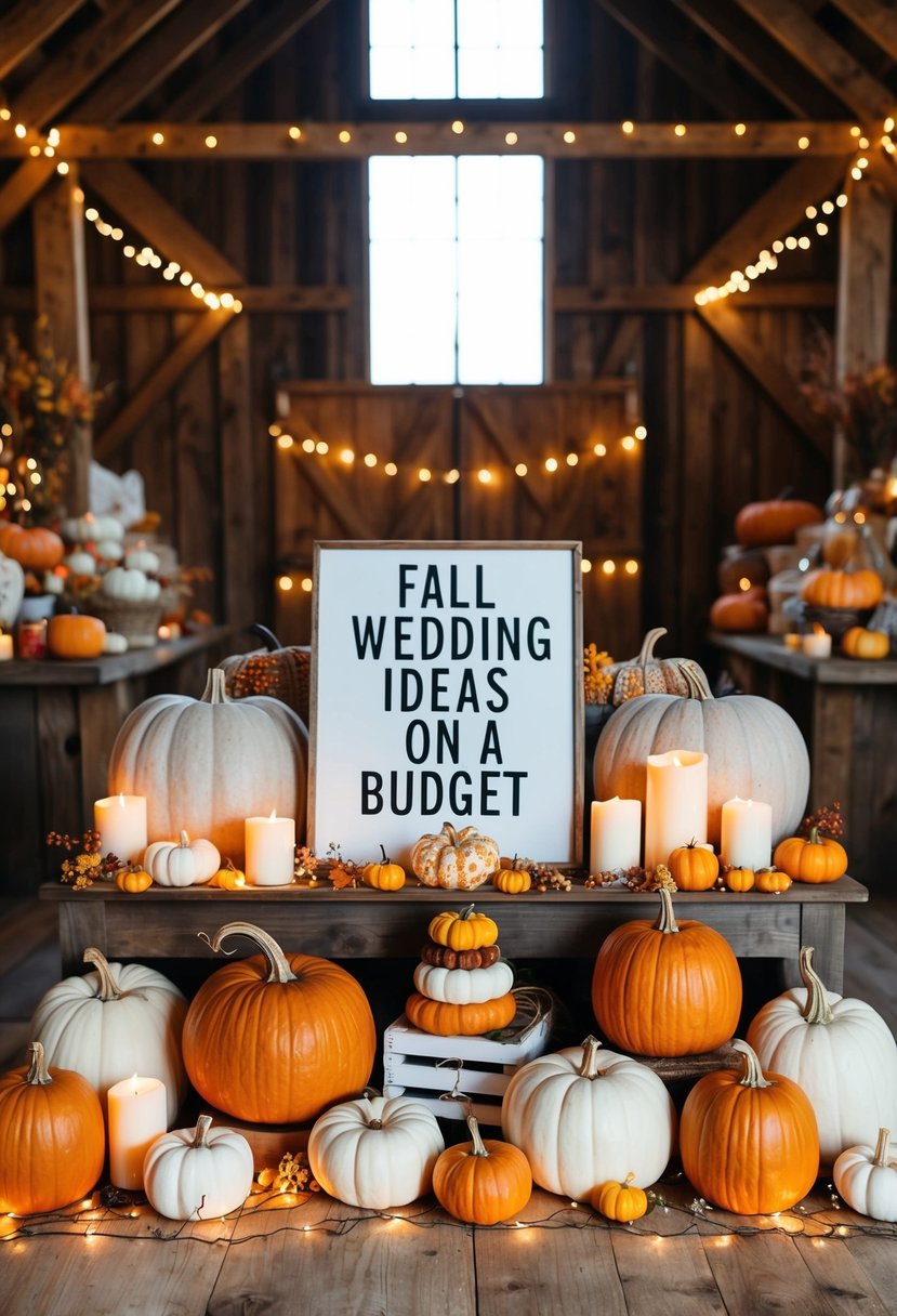 A cozy, rustic barn filled with autumn-themed decor items like pumpkins, candles, and fairy lights. A sign reads "Fall Wedding Ideas on a Budget" above a display of discounted items