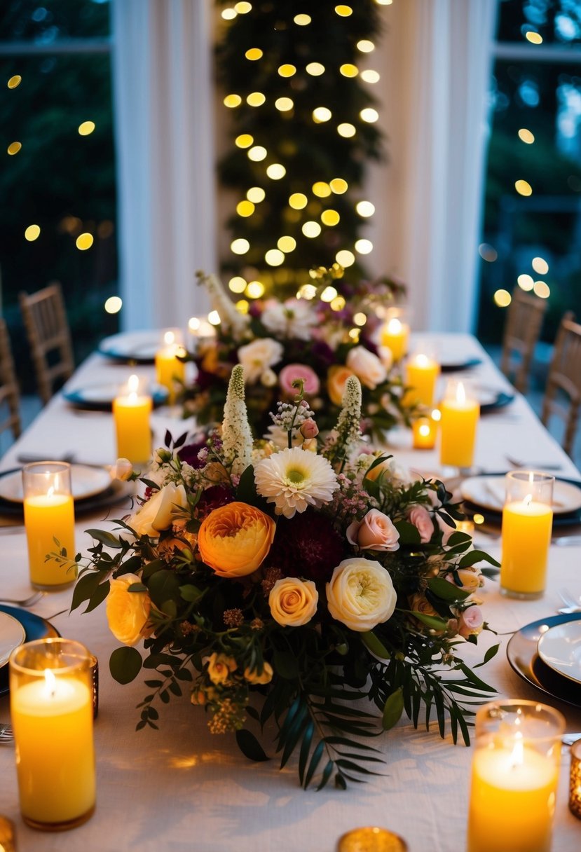 A table adorned with a lush floral arrangement, surrounded by glowing candles and twinkling fairy lights