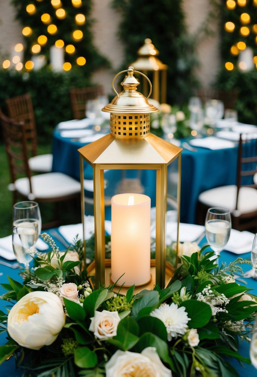 A golden lantern surrounded by lush greenery and delicate florals, serving as an elegant wedding centerpiece