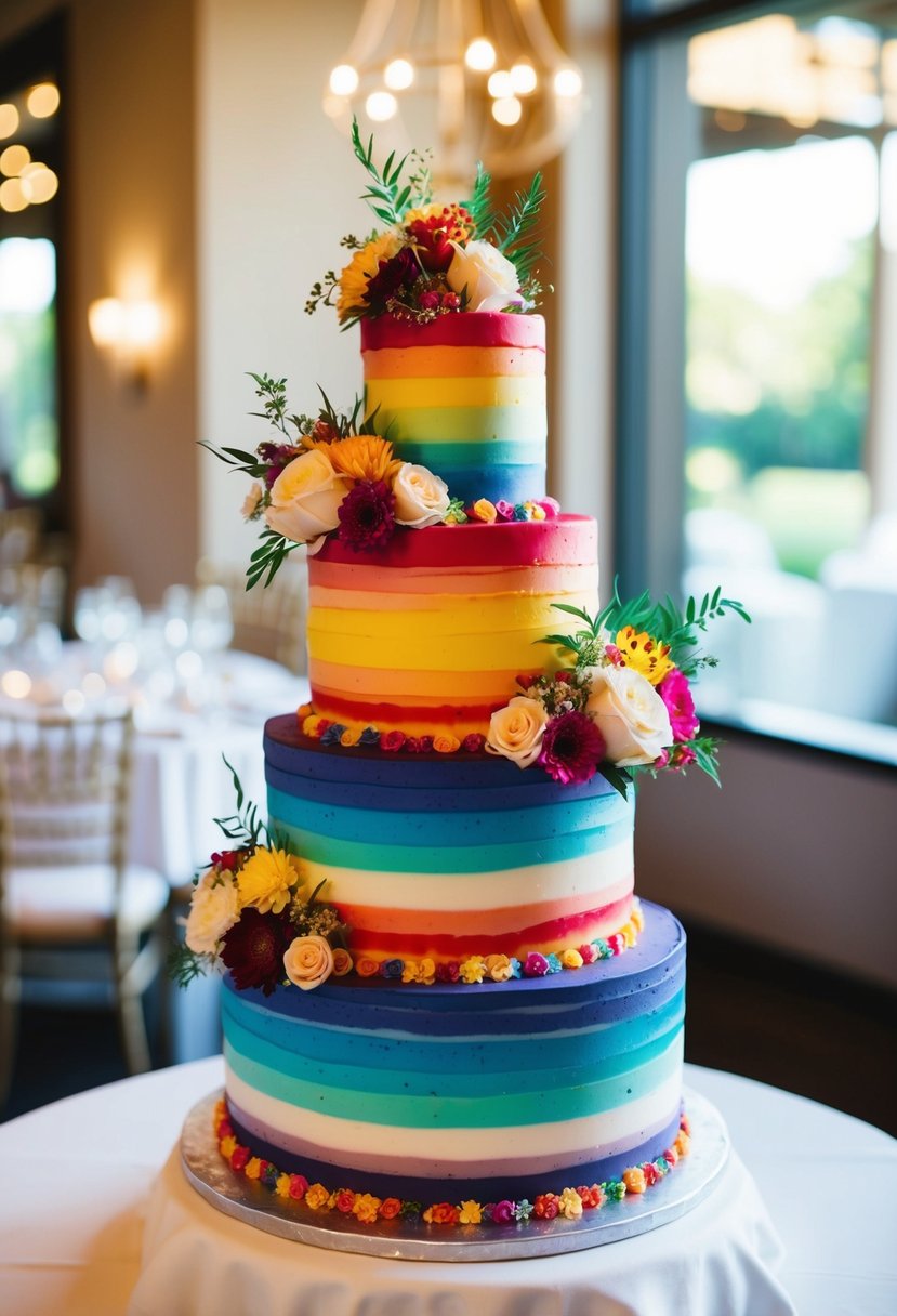 A multi-tiered wedding cake with colorful rainbow layers and vibrant floral decorations