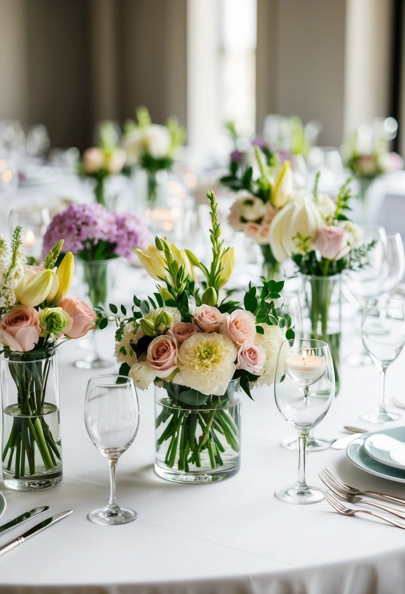 A table set with a variety of glass vases filled with flowers, reflecting the light and creating an elegant wedding centerpiece