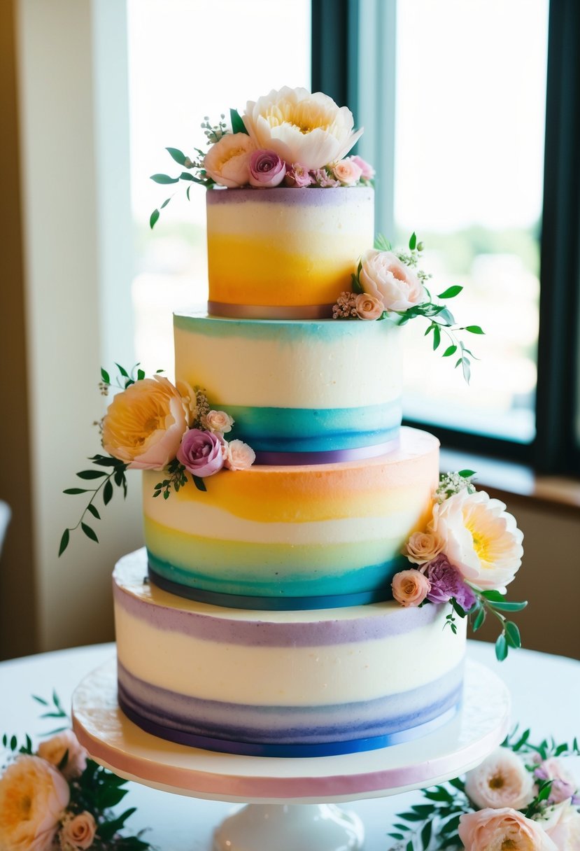 A three-tiered wedding cake with colorful watercolor rainbow icing and cascading pastel flowers