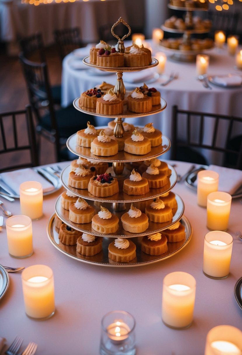 A table set with a tiered display of pastries surrounded by flameless LED candles, creating a warm and romantic wedding centerpiece