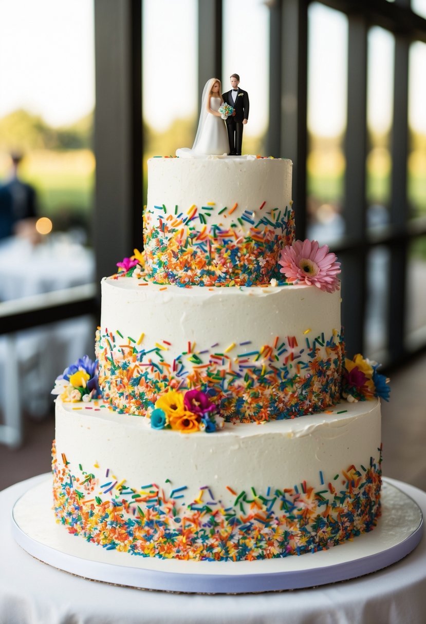 A three-tiered wedding cake covered in rainbow sprinkles, adorned with colorful flowers and topped with a miniature bride and groom figurine