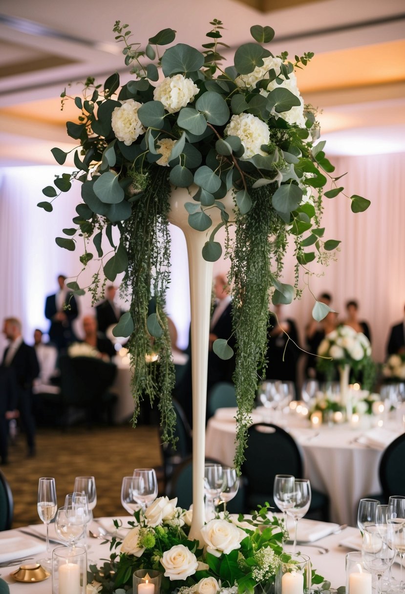 An elegant wedding centerpiece with a lush arrangement of eucalyptus and ivy cascading from a tall vase, creating a natural and romantic atmosphere